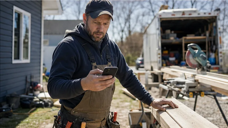 A busy contractor noticing a missed call at a jobsite