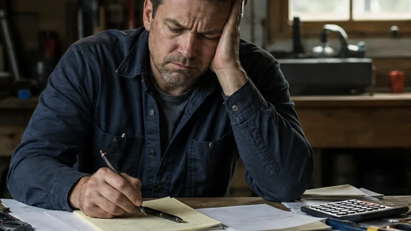 A busy contractor overwhelmed by paperwork and website tasks