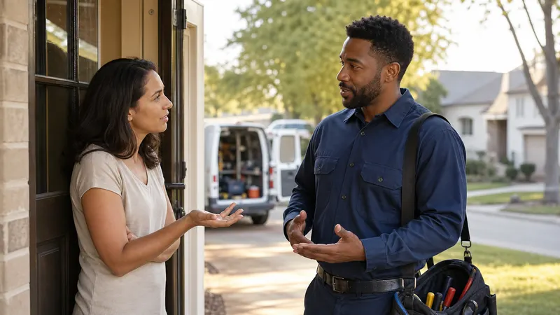 A homeowner asking a contractor questions at the front door